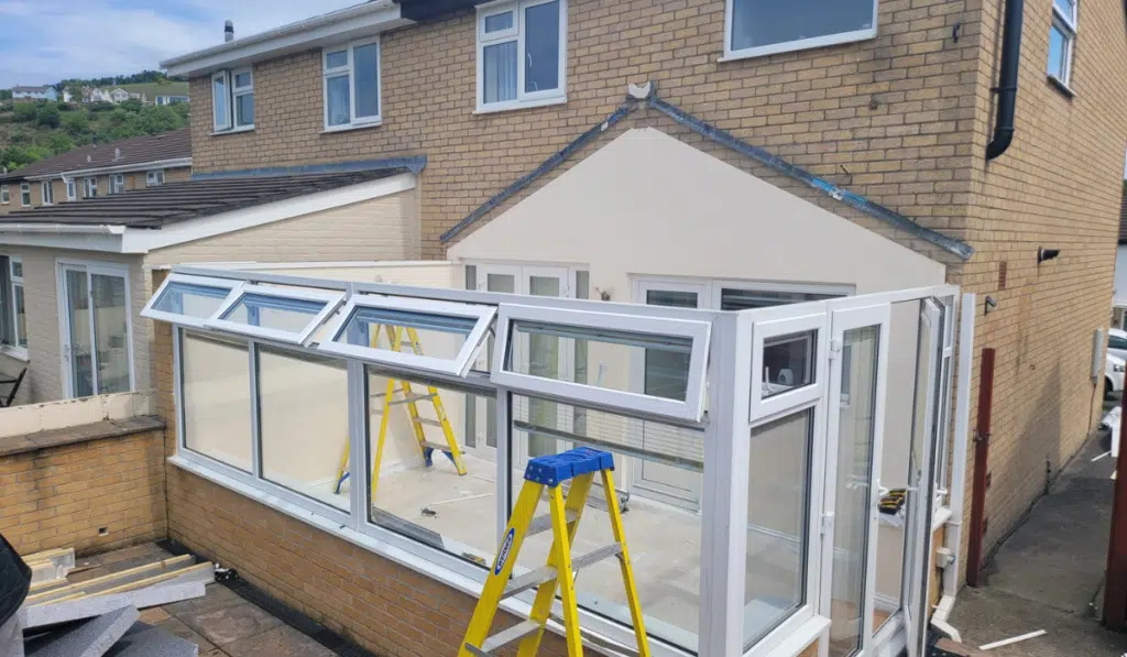 ringbeam and roof removed ready for replacement tiled conservatory roof