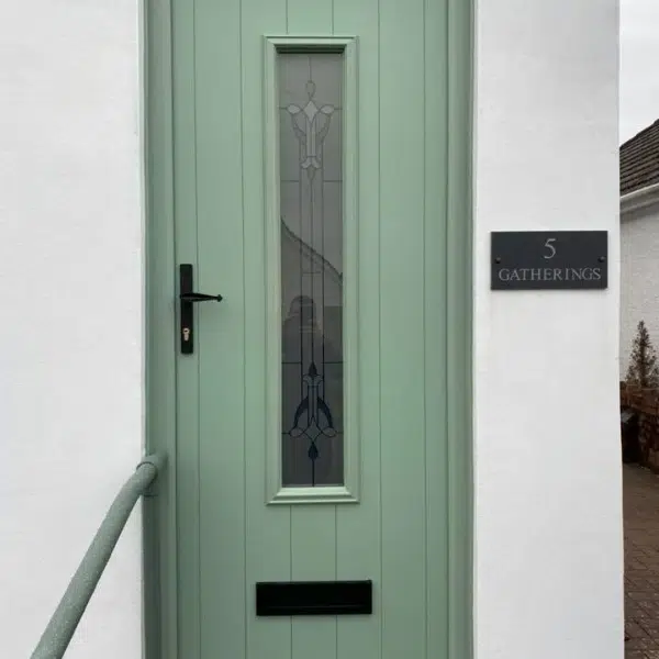 modern front door with stained glass