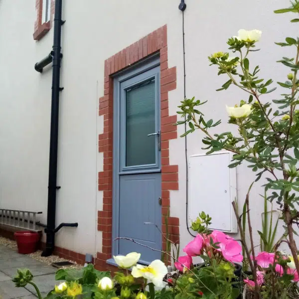 blue composite back door with glazed top